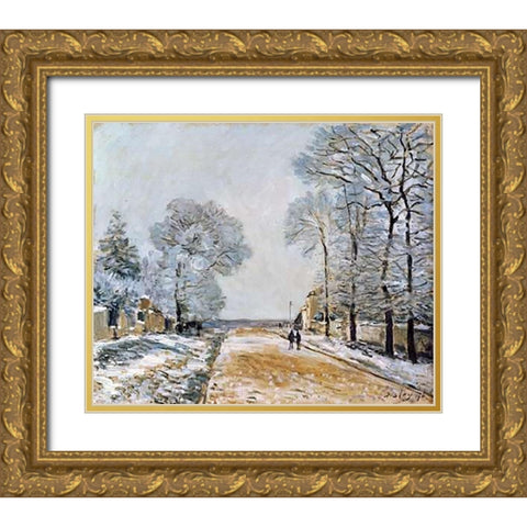 La Route, Effet De Neige (Marly-Le-Roi) Gold Ornate Wood Framed Art Print with Double Matting by Sisley, Alfred