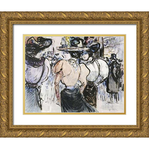 Elegantes Dans La Rue Gold Ornate Wood Framed Art Print with Double Matting by Somm, Henry