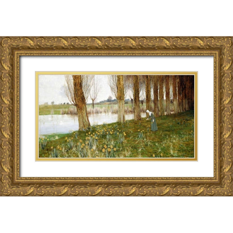 The Amber Vale, a Host of Golden Daffodils Gold Ornate Wood Framed Art Print with Double Matting by Sowerby, John George