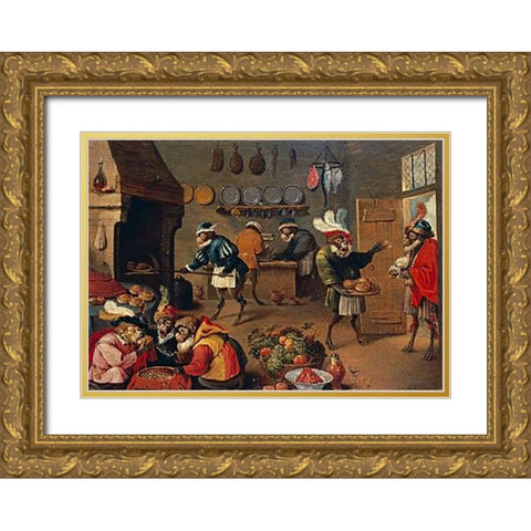 Les Singes Cuisiniers. The Monkeys Cooks Gold Ornate Wood Framed Art Print with Double Matting by II, David