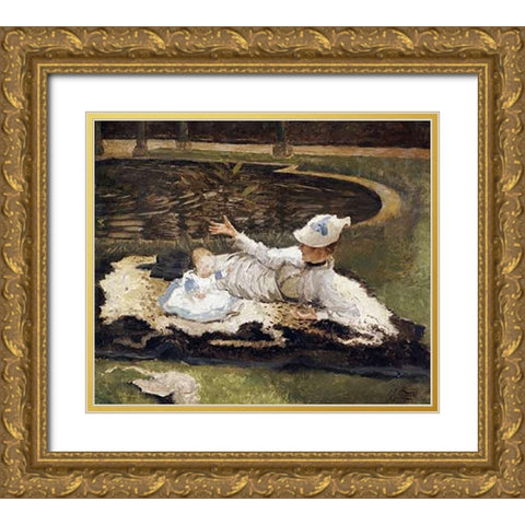 Mrs Newton With a Child By a Pool Gold Ornate Wood Framed Art Print with Double Matting by Tissot, James Jacques