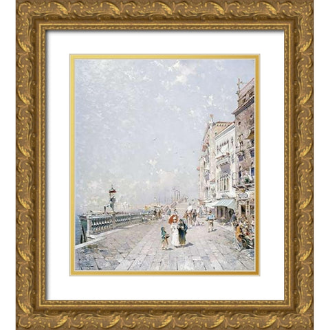 The Molo, Venice, Looking West With Figures Promenading Gold Ornate Wood Framed Art Print with Double Matting by Unterberger, Franz Richard