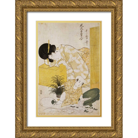 A Mother Dozing While Her Child Topples a Fish Bowl Gold Ornate Wood Framed Art Print with Double Matting by Utamaro, Kitagawa