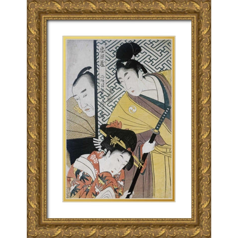 Act II of Chushingura, The Young Samurai Rikiya Gold Ornate Wood Framed Art Print with Double Matting by Utamaro, Kitagawa