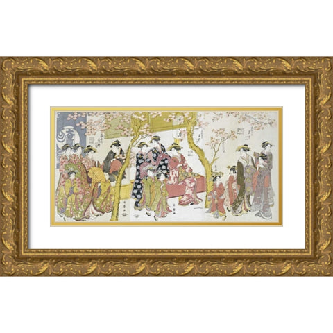 Three Groups of Courtesans With Their Shinzo and Kamuro Gold Ornate Wood Framed Art Print with Double Matting by Utamaro, Kitagawa