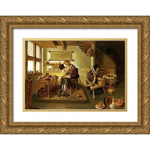 The Interior of a Cobblers Shop Gold Ornate Wood Framed Art Print with Double Matting by Van Brekelenkam, Gerritsz Quiryn
