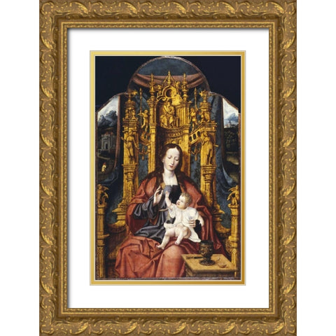 The Virgin and Child Enthroned Gold Ornate Wood Framed Art Print with Double Matting by Van Cleve, Joos