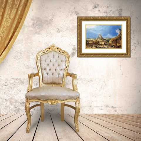 The Building of The Tower of Babel Gold Ornate Wood Framed Art Print with Double Matting by Van Cleve, Hendrick III