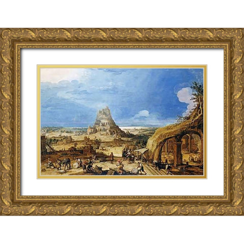 The Building of The Tower of Babel Gold Ornate Wood Framed Art Print with Double Matting by Van Cleve, Hendrick III