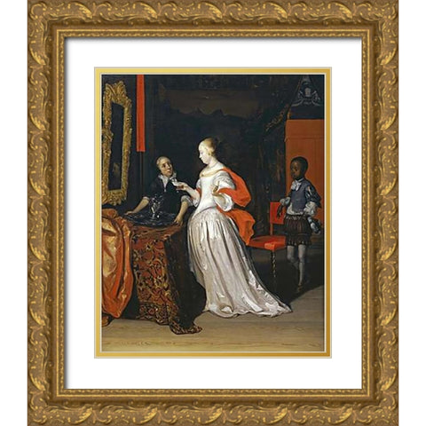 A Lady Holding a Letter Gold Ornate Wood Framed Art Print with Double Matting by Van Der Neer, Eglon Hendrick