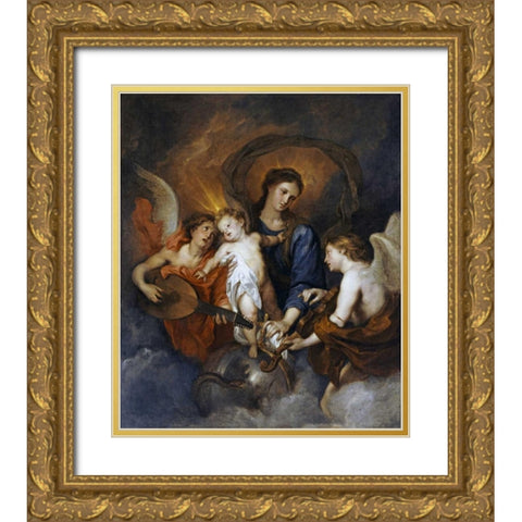 The Madonna and Child With Two Musical Angels Gold Ornate Wood Framed Art Print with Double Matting by Van Dyck, Sir Anthony