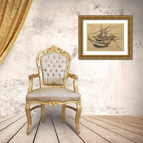 Boats On The Beach at Saintes-Maries-De-La-Mer Gold Ornate Wood Framed Art Print with Double Matting by Van Gogh, Vincent
