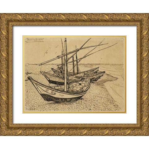 Boats On The Beach at Saintes-Maries-De-La-Mer Gold Ornate Wood Framed Art Print with Double Matting by Van Gogh, Vincent
