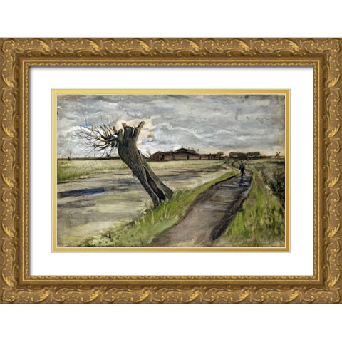 Pollard Willow Gold Ornate Wood Framed Art Print with Double Matting by Van Gogh, Vincent