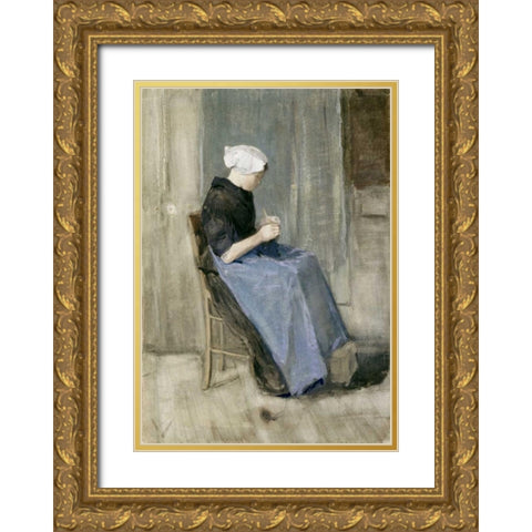 A Young Scheveningen Woman Knitting Gold Ornate Wood Framed Art Print with Double Matting by Van Gogh, Vincent