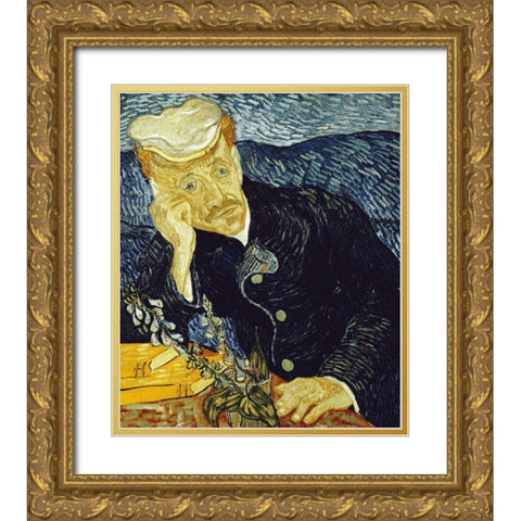 Portrait of Dr. Gachet Gold Ornate Wood Framed Art Print with Double Matting by Van Gogh, Vincent