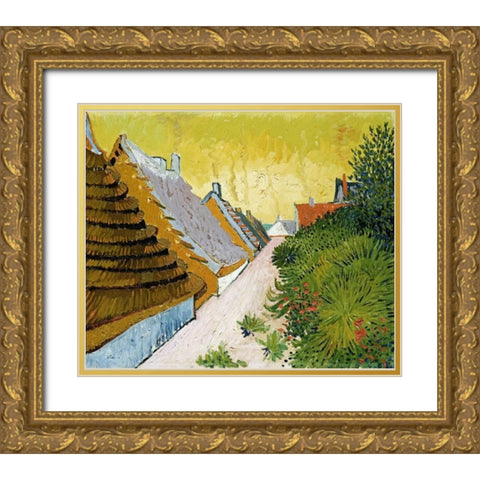 Farmhouses at Saintes-Maries Gold Ornate Wood Framed Art Print with Double Matting by Van Gogh, Vincent
