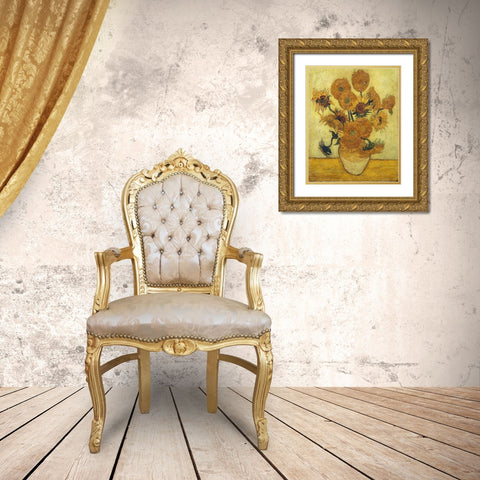 Vase with Fifteen Sunflowers, 1889 Gold Ornate Wood Framed Art Print with Double Matting by Van Gogh, Vincent