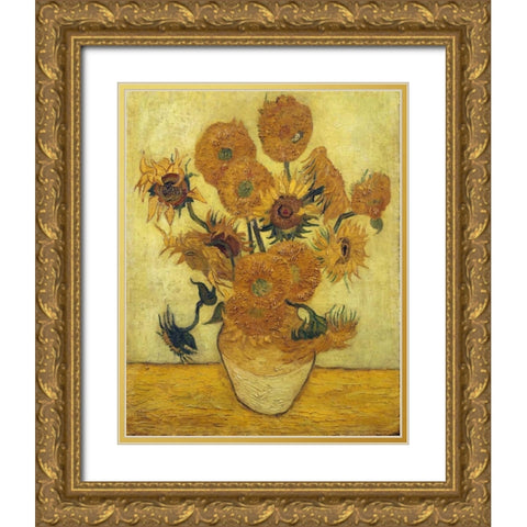 Vase with Fifteen Sunflowers, 1889 Gold Ornate Wood Framed Art Print with Double Matting by Van Gogh, Vincent