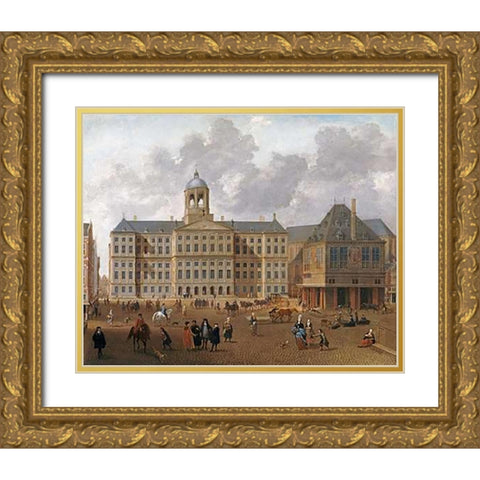 The Town Hall On The Dam, Amsterdam Gold Ornate Wood Framed Art Print with Double Matting by Van Nickele, Isaac