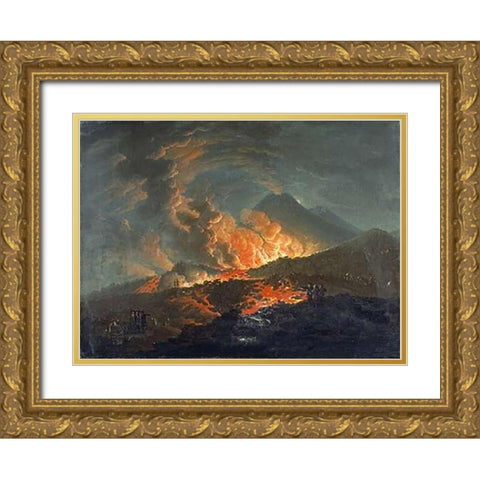 Vesuvius Erupting at Night Gold Ornate Wood Framed Art Print with Double Matting by Volaire, Jacques Antoine
