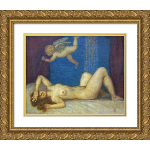 Danae and The Golden Shower Gold Ornate Wood Framed Art Print with Double Matting by Von Stuck, Franz