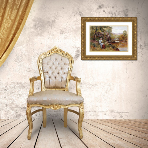 A Young Girl Picking Spring Flowers Gold Ornate Wood Framed Art Print with Double Matting by Walbourn, Ernest