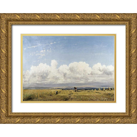Building Haystacks Gold Ornate Wood Framed Art Print with Double Matting by Wells, William Page Atkinson