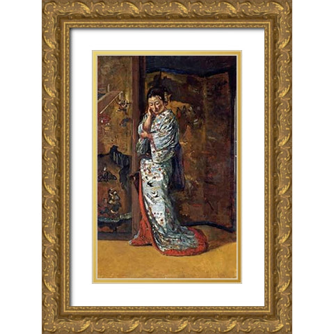 A Japanese Woman In An Interior Gold Ornate Wood Framed Art Print with Double Matting by Wirgman, Charles