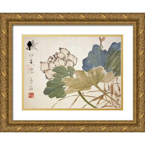 Lotus Gold Ornate Wood Framed Art Print with Double Matting by Gu, Xu