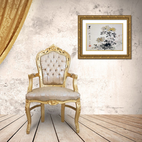 Chrysanthemums Gold Ornate Wood Framed Art Print with Double Matting by Gu, Xu