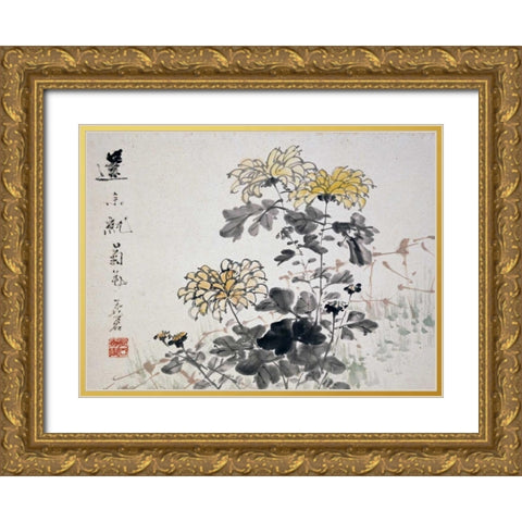 Chrysanthemums Gold Ornate Wood Framed Art Print with Double Matting by Gu, Xu