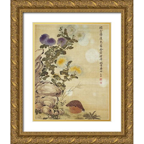 Chrysanthemums and Quail Gold Ornate Wood Framed Art Print with Double Matting by Yuanyu, Ma
