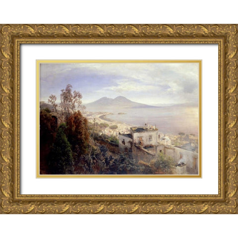The Bay of Naples Gold Ornate Wood Framed Art Print with Double Matting by Achenbach, Oswald