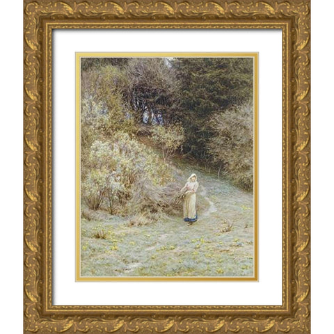 In The Primrose Wood Gold Ornate Wood Framed Art Print with Double Matting by Allingham, Helen