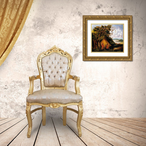 Indian Encampment Gold Ornate Wood Framed Art Print with Double Matting by American School