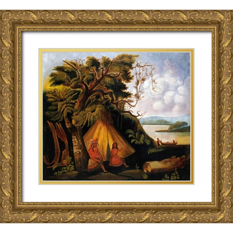 Indian Encampment Gold Ornate Wood Framed Art Print with Double Matting by American School