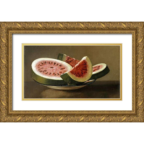 Still Life With Watermelon Gold Ornate Wood Framed Art Print with Double Matting by American School
