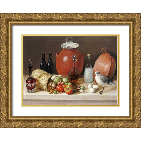 Still Life With a Bird and a Pitcher Gold Ornate Wood Framed Art Print with Double Matting by Arrieta, Jose Agustin