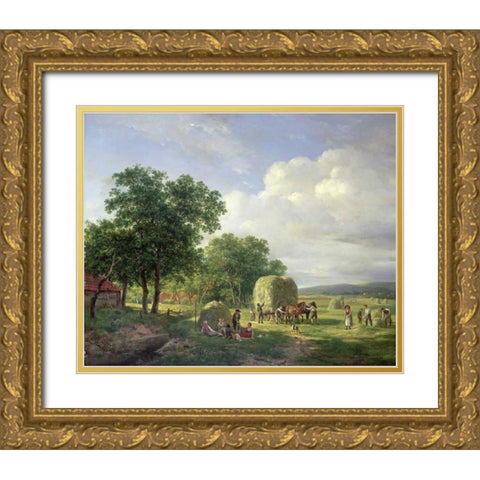 A Wooded Landscape With Haymakers Gold Ornate Wood Framed Art Print with Double Matting by Van De Sande Bakhuyzen, Hendrik