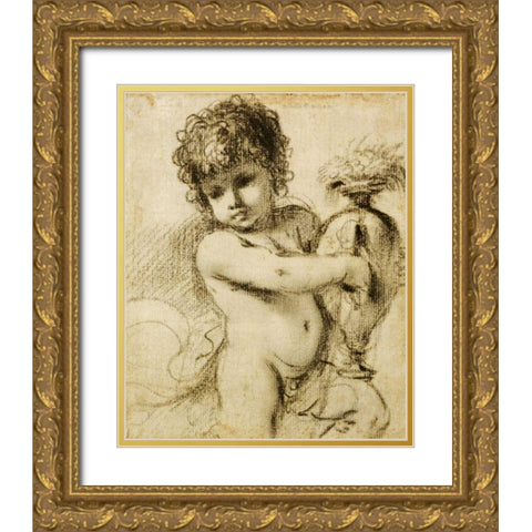 A Putto With a Vase Gold Ornate Wood Framed Art Print with Double Matting by Barbieri, Giovanni Francesco