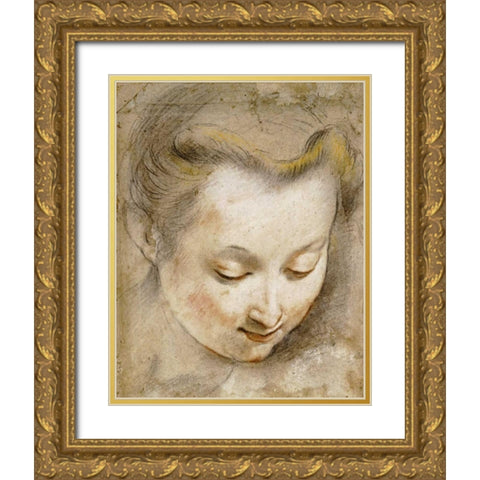 The Head of a Woman Gold Ornate Wood Framed Art Print with Double Matting by Barocci, Frederico