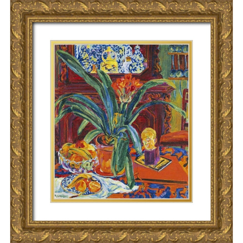 Still Life With a Pot Plant Gold Ornate Wood Framed Art Print with Double Matting by Bauknecht, Philipp