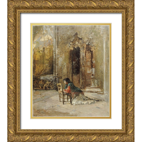 A Woman at Prayer In a Church Gold Ornate Wood Framed Art Print with Double Matting by Bianchi, Mose