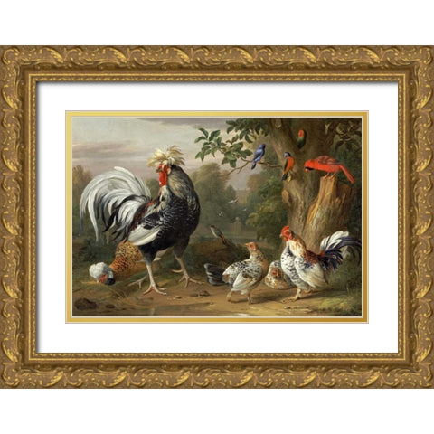 Poultry and Other Birds In The Garden of a Mansion Gold Ornate Wood Framed Art Print with Double Matting by Bogdany, Jacob