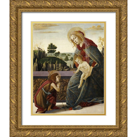 The Madonna and Child With The Young Saint John The Baptist Gold Ornate Wood Framed Art Print with Double Matting by Botticelli, Sandro