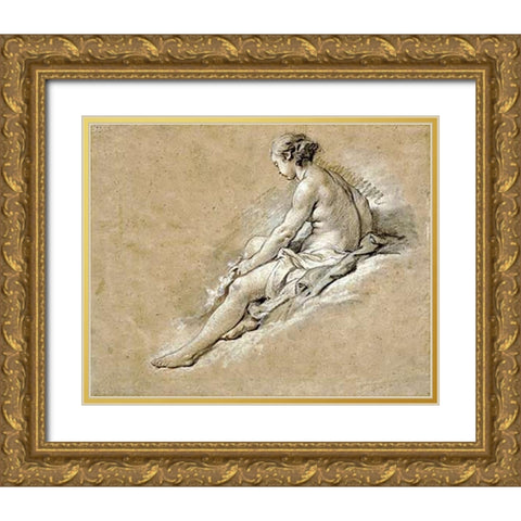 A Nude Girl Seated Gold Ornate Wood Framed Art Print with Double Matting by Boucher, Francois