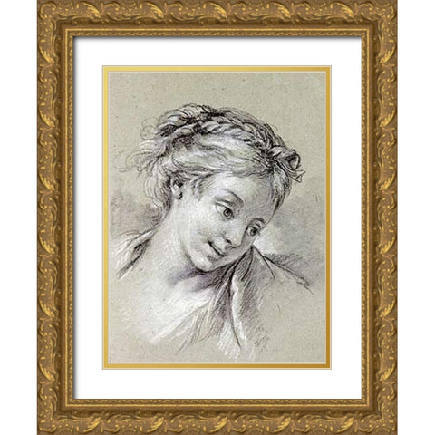 Head of a Girl Looking Down To The Right Gold Ornate Wood Framed Art Print with Double Matting by Boucher, Francois