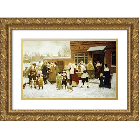 New Years Day, New Amsterdam Gold Ornate Wood Framed Art Print with Double Matting by Boughton, George Henry