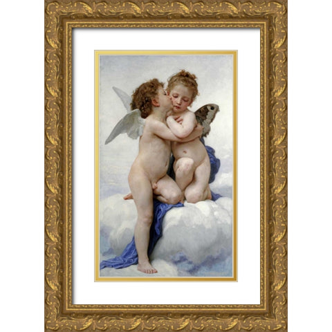 The First Kiss Gold Ornate Wood Framed Art Print with Double Matting by Bouguereau, William-Adolphe